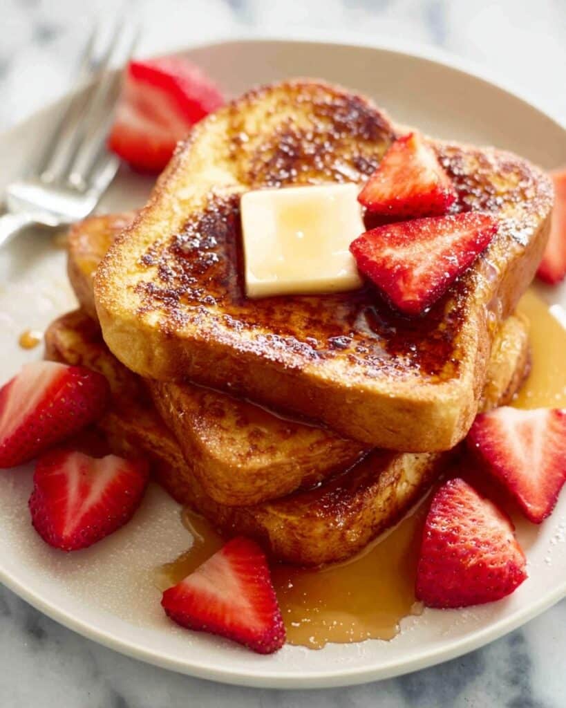 Fluffy Cinnamon Vanilla French Toast with Macerated Strawberries and Maple Syrup Recipe