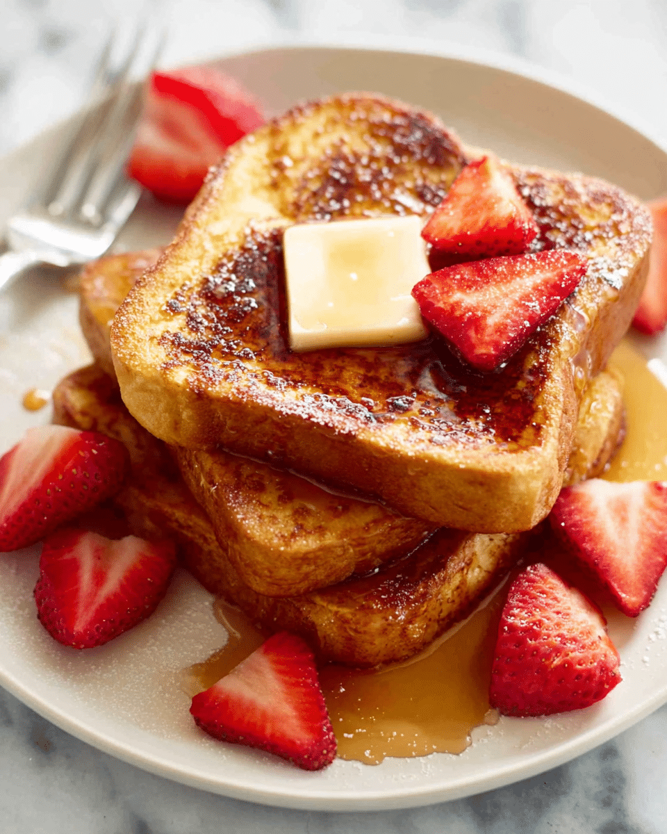 A stack of three thick, golden-brown French toast slices is centered on a white plate, each slice showing crisp edges and a slightly textured surface. On top of the stack, a square pat of melting butter sits, partially melted and glossy, surrounded by a drizzle of amber syrup that pools slightly around the toast. Fresh, bright red strawberry halves with visible seeds are artfully placed on top and scattered around the plate, adding a vibrant contrast. A silver fork lies beside the toast, with syrup lightly spreading near it. The background is a white marbled texture, complementing the warm tones of the dish. photo taken with an iphone --ar 4:5 --v 7