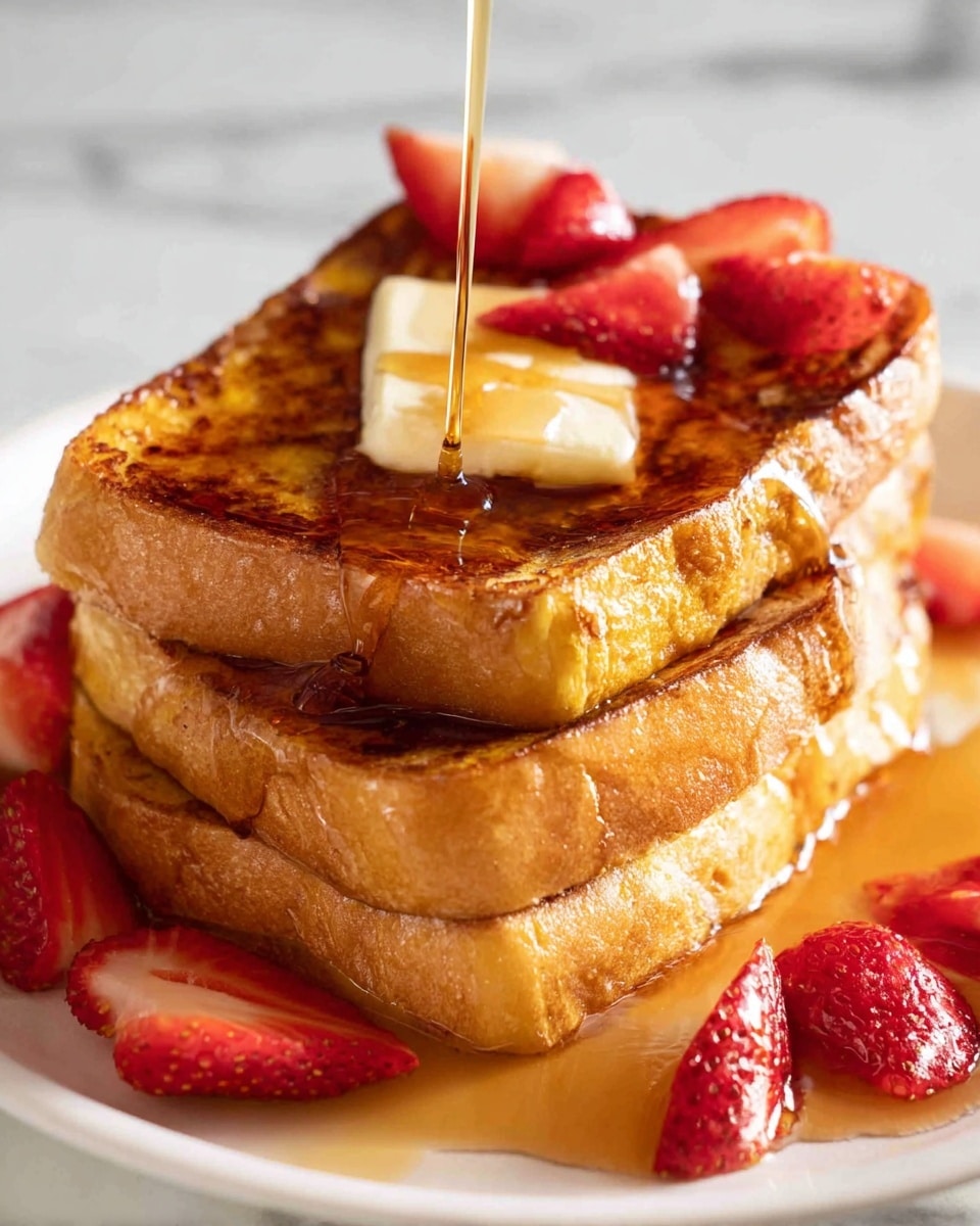 A stack of four thick slices of golden brown French toast sits on a white plate, with syrup being poured over the top slice, dripping down the sides. A pat of butter melts on the top slice, surrounded by fresh red strawberry halves both on the toast and around the plate, some soaked in syrup. The surface under the plate is a white marbled texture. The lighting highlights the syrup's shine and the toast's fluffy texture, making the dish look warm and inviting. photo taken with an iphone --ar 4:5 --v 7