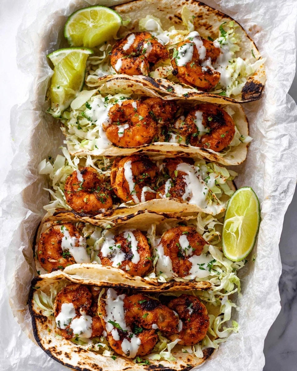 A close-up of a grilled soft taco held by a woman's hand, showing three large, golden-brown shrimp placed on top of a white, shredded cabbage layer inside a slightly charred white tortilla; the shrimp have a light coating of white sauce and are garnished with small green herbs, with the soft, warm texture of the tortilla visible around the edges. photo taken with an iphone --ar 4:5 --v 7