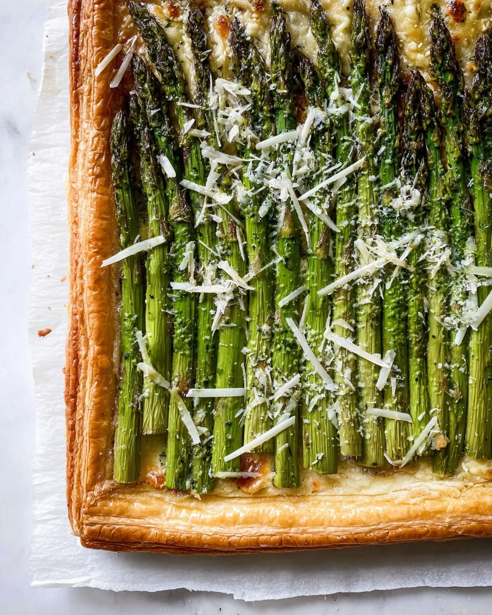 A rectangular puff pastry tart with a thick, golden-brown crust forms the base. On top, there is one even layer of bright green asparagus tips and stalks arranged tightly side by side, covering the entire pastry. A light layer of melted white cheese with grated shards is scattered unevenly over the asparagus, adding texture and a creamy look. The tart rests on a white marbled surface with some paper underneath, showing a clean and simple presentation. photo taken with an iphone --ar 4:5 --v 7