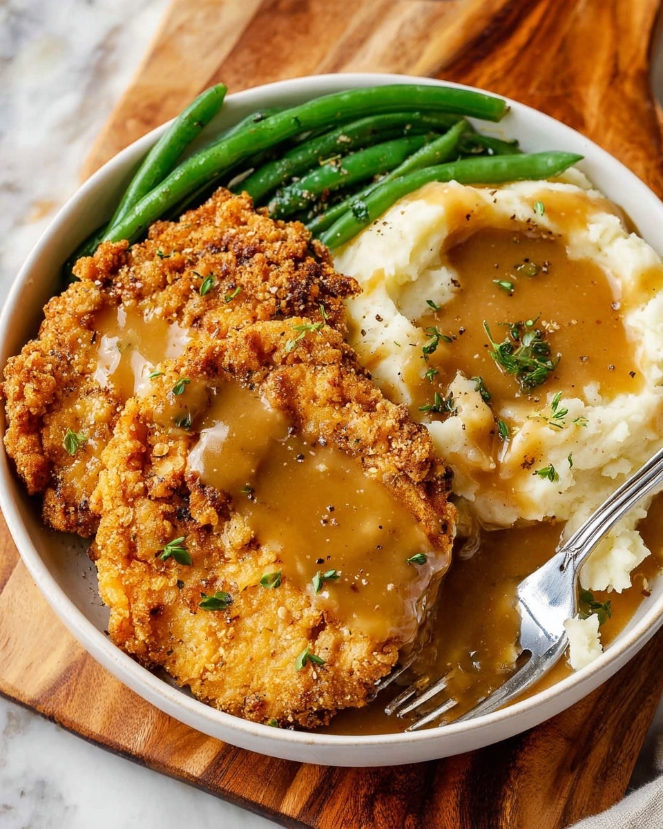 A white bowl holds a meal with three main layers: on the left side, fresh green beans in a bright green color; in the center, two large pieces of golden brown fried chicken with a crispy, textured crust; on the right side, a creamy mound of light beige mashed potatoes topped with glossy brown gravy that also covers part of the fried chicken, sprinkled with small green herbs and a few black pepper specks, with a silver fork resting on top. The bowl is placed on a wooden board with a white marbled surface background. photo taken with an iphone --ar 4:5 --v 7
