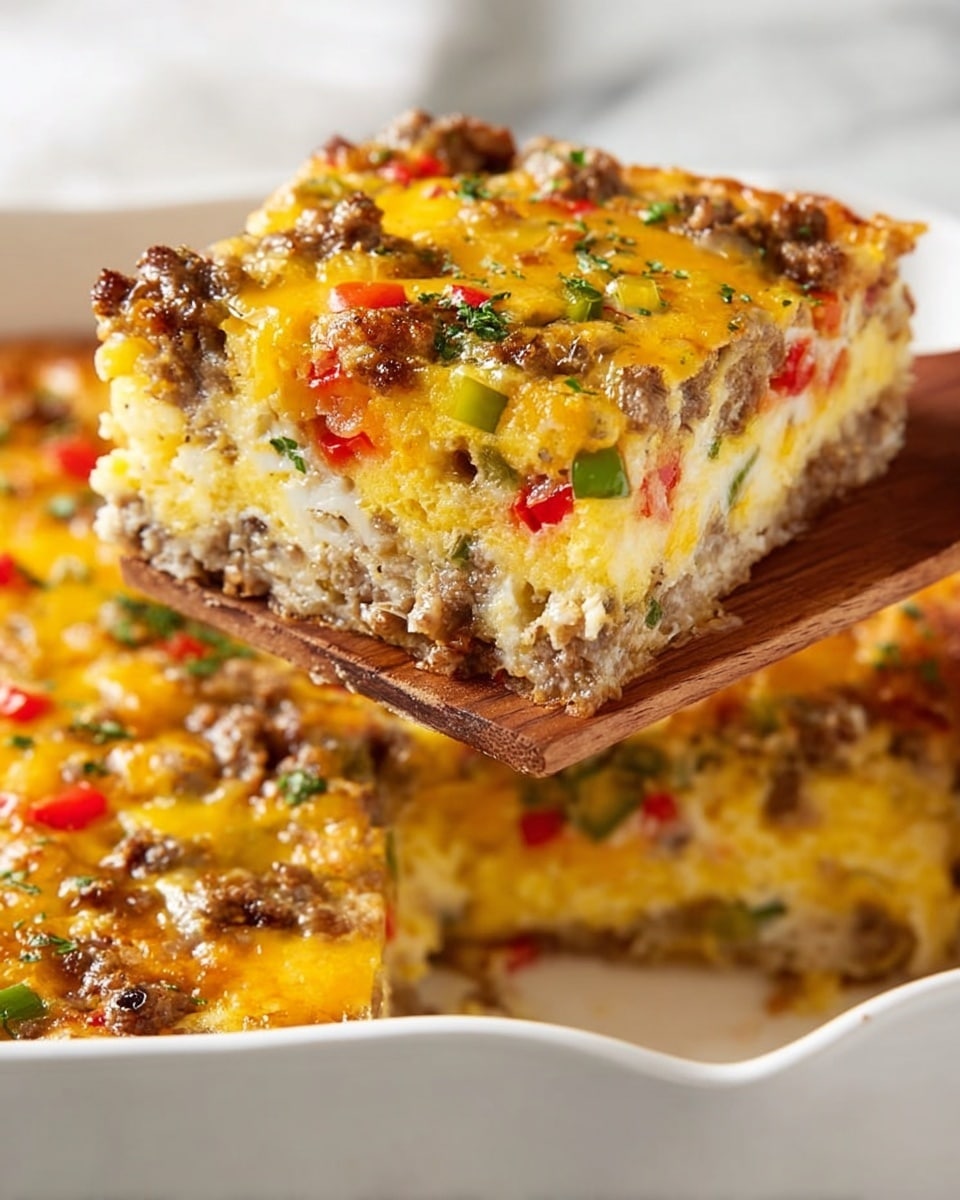 The image shows a square slice of a thick, layered casserole being lifted on a wooden spatula from a white dish placed on a white marbled surface. The dish has multiple layers; the bottom layer is pale yellow and smooth, likely made of eggs or a similar base. The top layer is textured with a mix of browned ground meat, melted yellow cheese, finely chopped green and red bell peppers, and bits of herbs, creating a colorful and slightly crispy appearance. The casserole edges are slightly browned, and the top glistens with melted cheese and small pieces of vegetables evenly spread across. Photo taken with an iphone --ar 4:5 --v 7