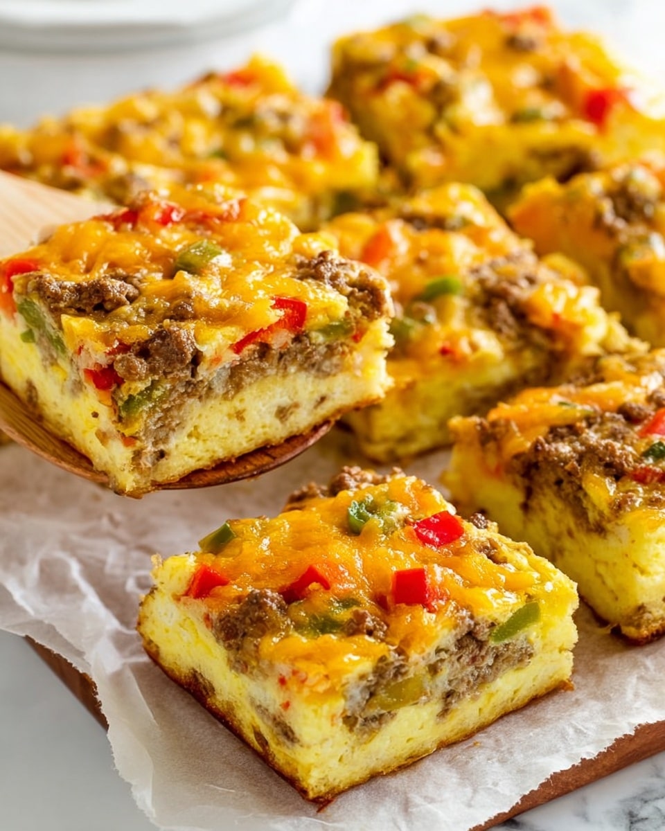 The image shows several thick, square slices of a layered breakfast casserole on white parchment paper. Each piece has three visible layers: the bottom is a firm, pale yellow base that looks like cooked eggs, the middle and top layers are a mix of browned ground meat, diced red and green bell peppers, and melted light orange cheese that covers the top unevenly. The texture of the top layer is slightly crispy with bits of meat and vegetables visible. In the background, there is a wooden spatula lifting one piece, showing the soft and fluffy inside of the casserole. The whole dish is placed on a white marbled surface. photo taken with an iphone --ar 4:5 --v 7