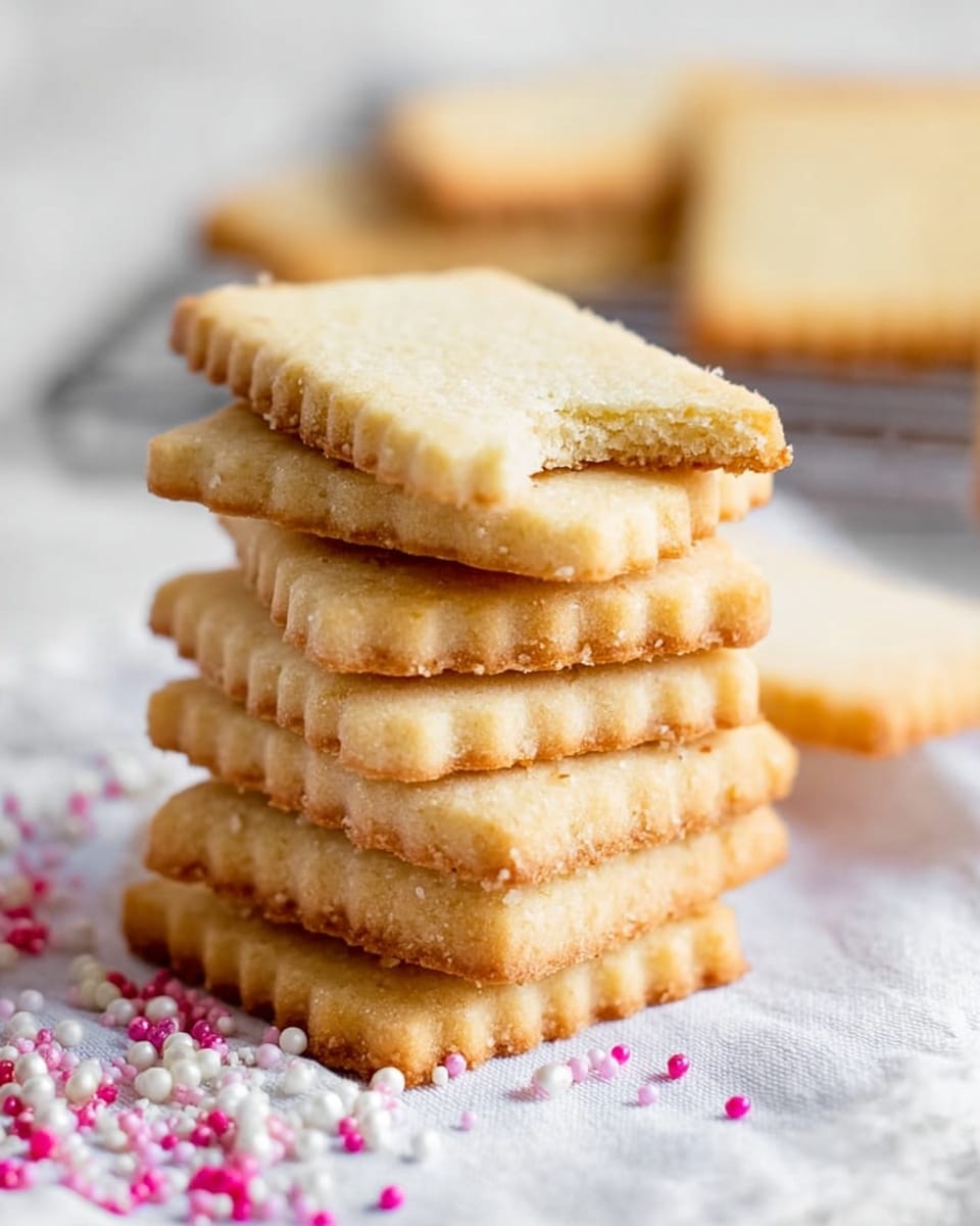 A stack of rectangular light golden cookies with a crumbly texture is arranged unevenly on a white cloth. The top cookie has a bite taken out, revealing a soft, slightly crumbly inside that is paler in color. The edges of the cookies have a wavy, scalloped pattern. Around the base, there are small white and pink round sprinkles scattered on the white cloth. The background shows a blurred cooling rack with more cookies resting on it, all set on a white marbled texture. photo taken with an iphone --ar 4:5 --v 7