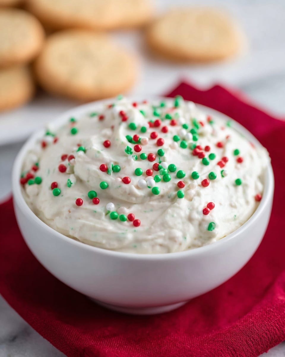 A white bowl filled with a thick layer of smooth, creamy white dip topped with small, round red, green, and white sprinkles that add bright pops of color. The dip looks soft and fluffy with a slightly swirled surface texture. The bowl rests on a red cloth, and the background shows some out-of-focus beige biscuits on a white marbled texture. Photo taken with an iphone --ar 4:5 --v 7