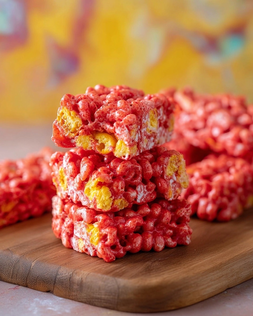 The image shows a stack of three red and orange textured cereal bars placed on a wooden board. Each bar is made of yellow puffed cereal pieces coated in a glossy bright red mixture, giving a sticky, gooey look with some visible white strands connecting the cereal bits. Behind the stack, more bars are scattered, slightly out of focus. The background has a blurred yellow and white marbled texture with some indistinct colorful shapes. The bars are roughly rectangular with uneven edges. photo taken with an iphone --ar 4:5 --v 7