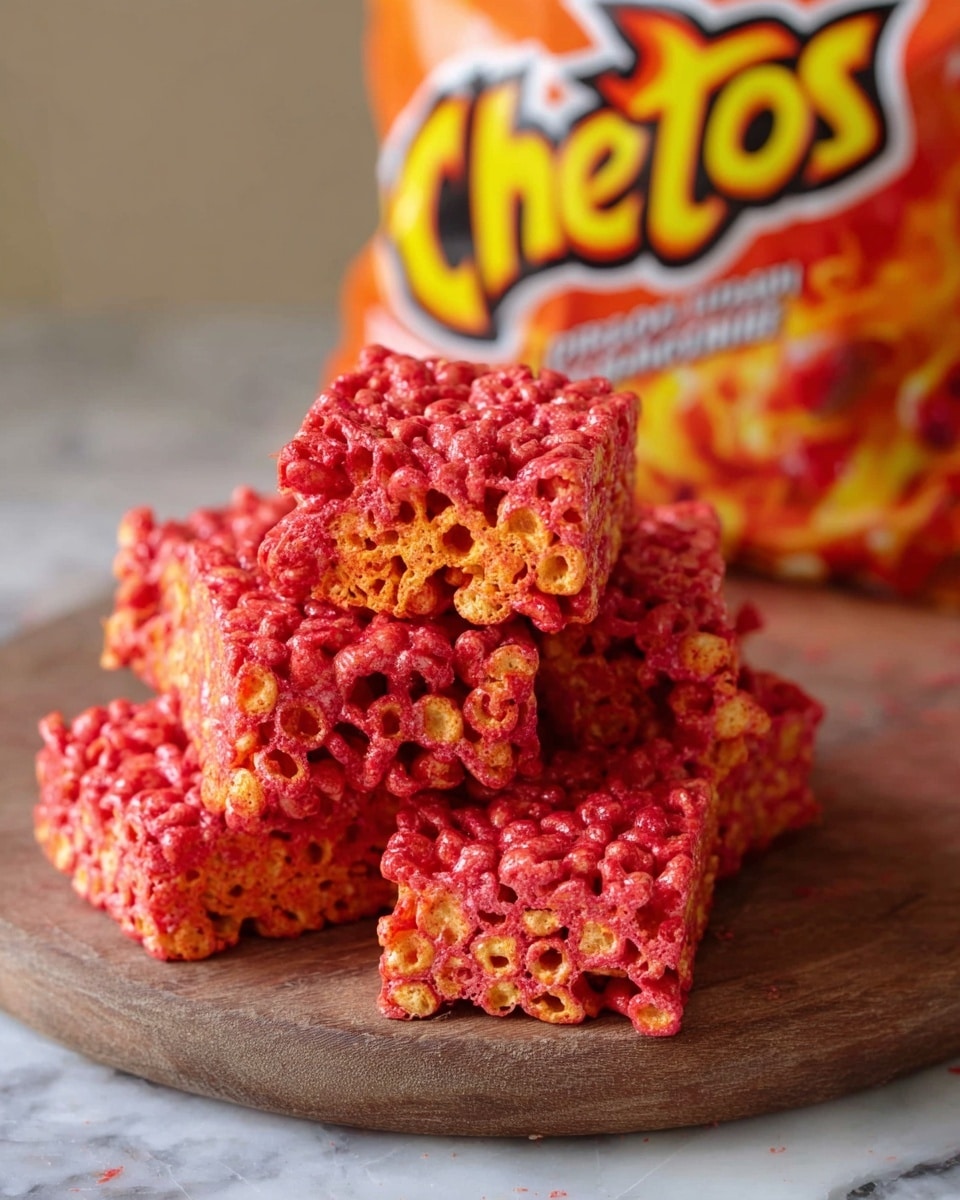 The image shows several square-shaped snack bars stacked on a round wooden board. Each snack bar is made of small round cereal pieces coated in a bright red, glossy layer, giving them a crunchy and sticky look. The bars have a rough, airy texture with visible gaps among the cereal pieces. In the background, there is a colorful bag with orange and yellow tones, slightly blurred, showing it is for Flamin' Hot Cheetos. The setting includes a white marbled surface beneath the board. photo taken with an iphone --ar 4:5 --v 7