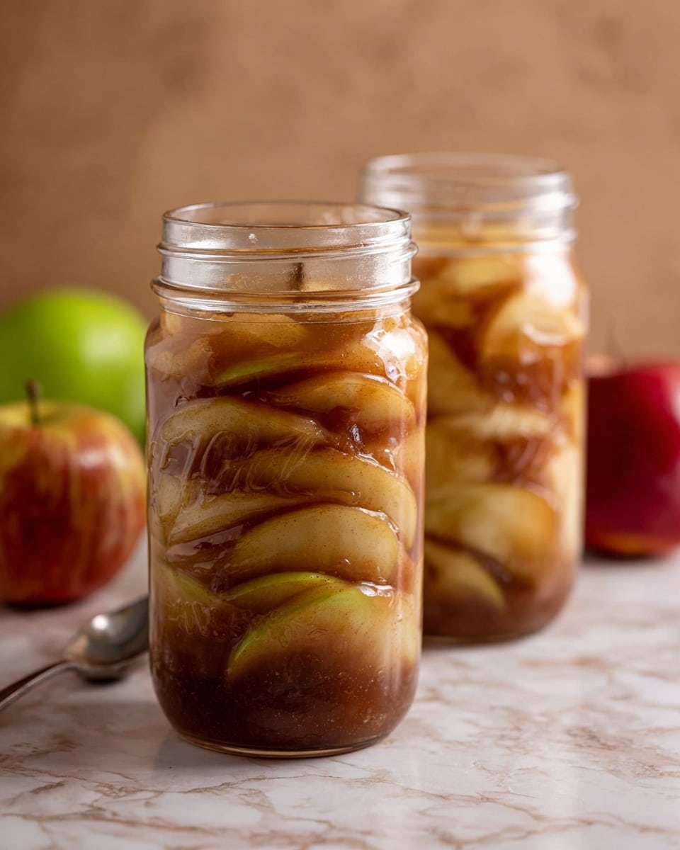 A shiny silver spoon holds three large slices of cooked apple that are covered with a thick, glossy brown cinnamon sauce, with the spoon lifted just above the open top of a clear glass jar filled with more of the same apple and sauce mix. The cooked apple slices have a soft texture, slightly wrinkled and coated with the sticky sauce that glistens under soft lighting. The background shows a blurred image of a white marbled texture. photo taken with an iphone --ar 4:5 --v 7