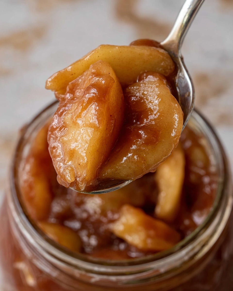 Two clear glass jars filled with sliced cooked apples soaked in a thick brown syrup are placed on a white marbled surface. The front jar is fully visible, showing three layers of apple slices with a glossy texture, stacked tightly from bottom to top, with the syrup coating every slice. The jar in the back is slightly out of focus but similarly filled. Around the jars, there are fresh whole apples, one green and one red, placed softly blurred in the background against a light brown backdrop. A silver spoon lies in the bottom left corner of the surface. photo taken with an iphone --ar 4:5 --v 7