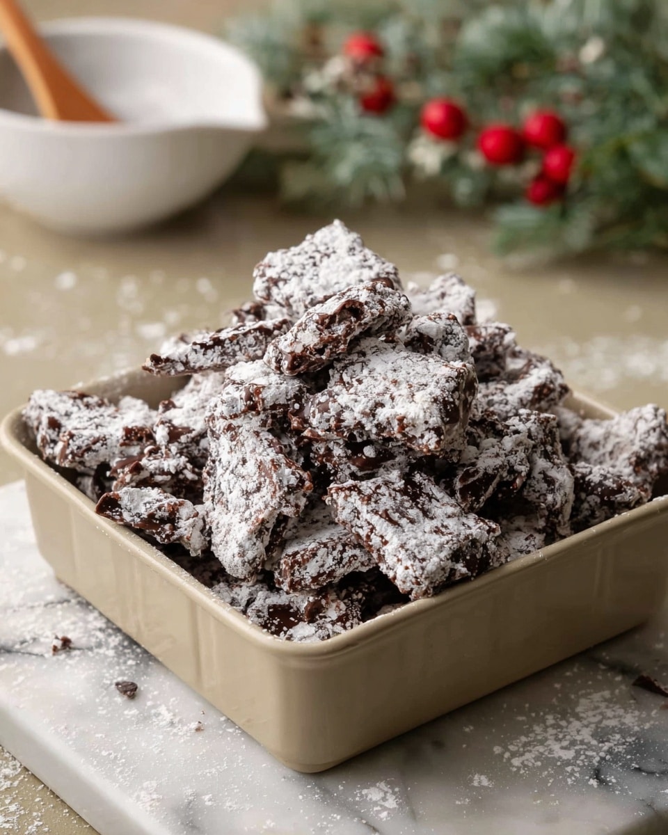 The image shows a square beige baking dish filled with chocolate cluster treats dusted heavily with white powdered sugar. The chocolate clusters are made of many small thin pieces stuck together, creating a rough and uneven surface with chocolate brown and white powdered sugar colors mixed. The dish is placed on a white marbled surface with some powdered sugar scattered around it. In the blurred background, there is a white bowl with a wooden spoon and some greenery with red berries. Photo taken with an iphone --ar 4:5 --v 7