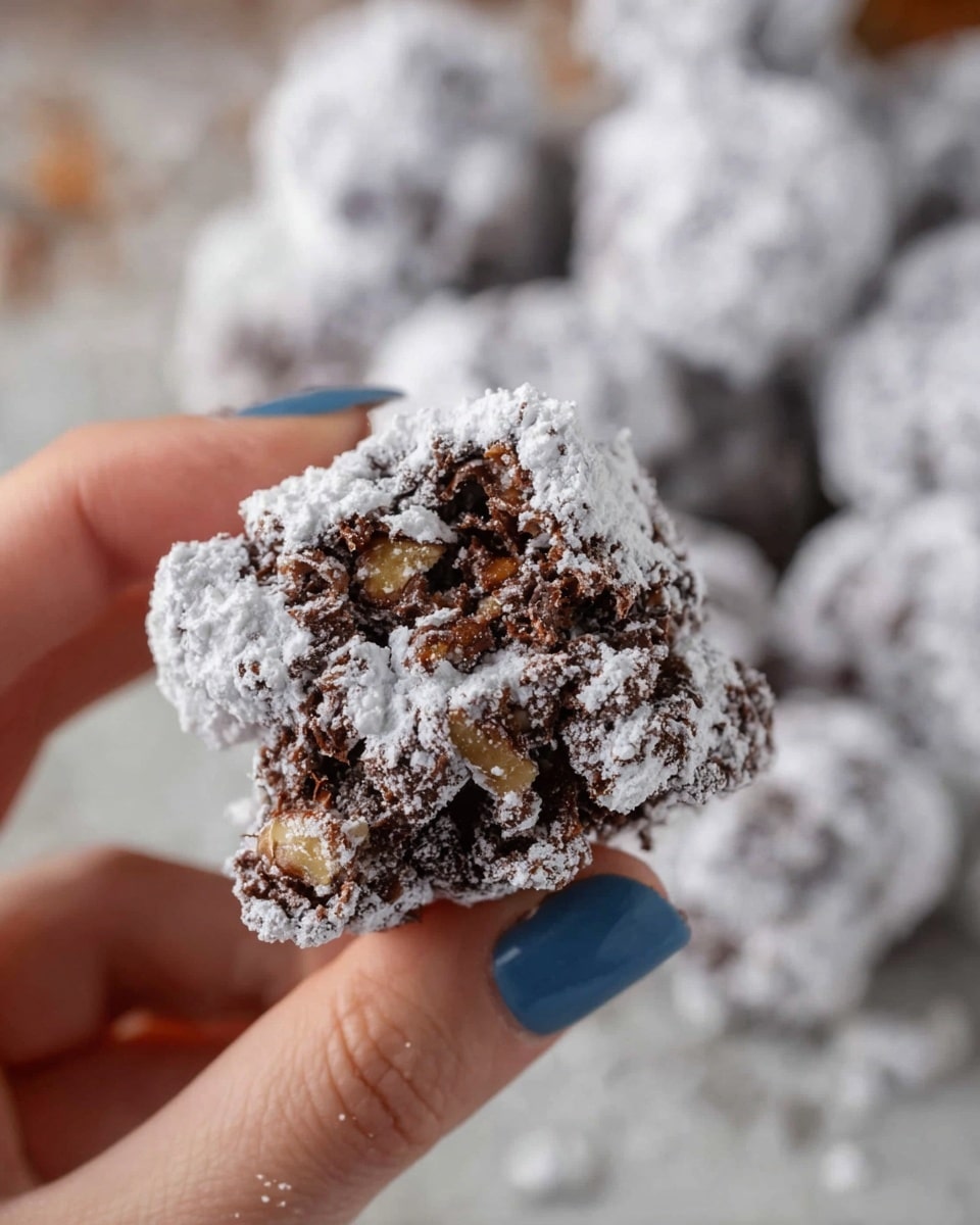 A close-up view of a small chocolate cluster covered in a thick layer of white powdered sugar, showing a rough, chunky texture with visible nuts and chocolate pieces inside. The cluster is held between the thumb and index finger of a woman's hand with blue nail polish, against a slightly blurred background with more of the same clusters resting on a white marbled surface. The cluster's color is mainly dark brown under the white powder, adding a contrast to the soft textured sugar coating. photo taken with an iphone --ar 4:5 --v 7