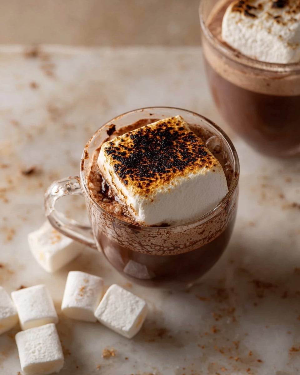 A clear glass cup filled with smooth, dark brown hot chocolate topped with a large toasted marshmallow that is white with golden brown and black toasted spots, floating on the surface. Around the cup, there are square white marshmallows on a white marbled surface. In the background, a second glass cup of the same drink with a white marshmallow on top is partially visible. The scene is softly lit and warm. photo taken with an iphone --ar 4:5 --v 7