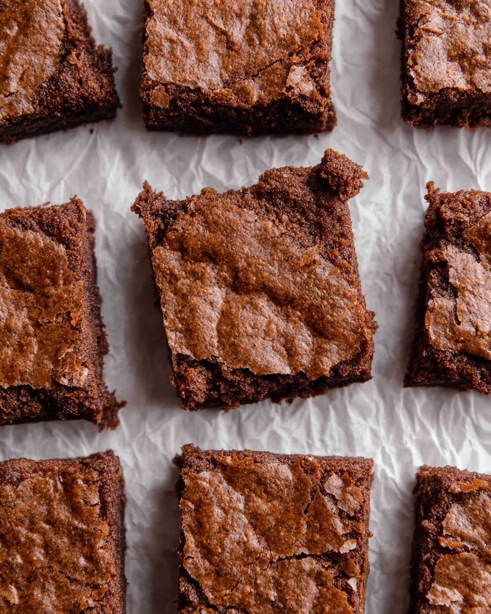The image shows a close-up of nine square-shaped brownies arranged in a grid pattern on a lightly crumpled white parchment paper, placed on a white marbled surface. Each brownie has a rich, dark brown top layer with a slightly cracked texture, showing a dense and fudgy interior beneath. The edges are a bit uneven but firm, giving a homemade feel. The top crust has a shiny, slightly flaky finish that contrasts with the moist, soft interior seen at the sides. The overall look is inviting and chocolatey with a rustic touch. photo taken with an iphone --ar 4:5 --v 7