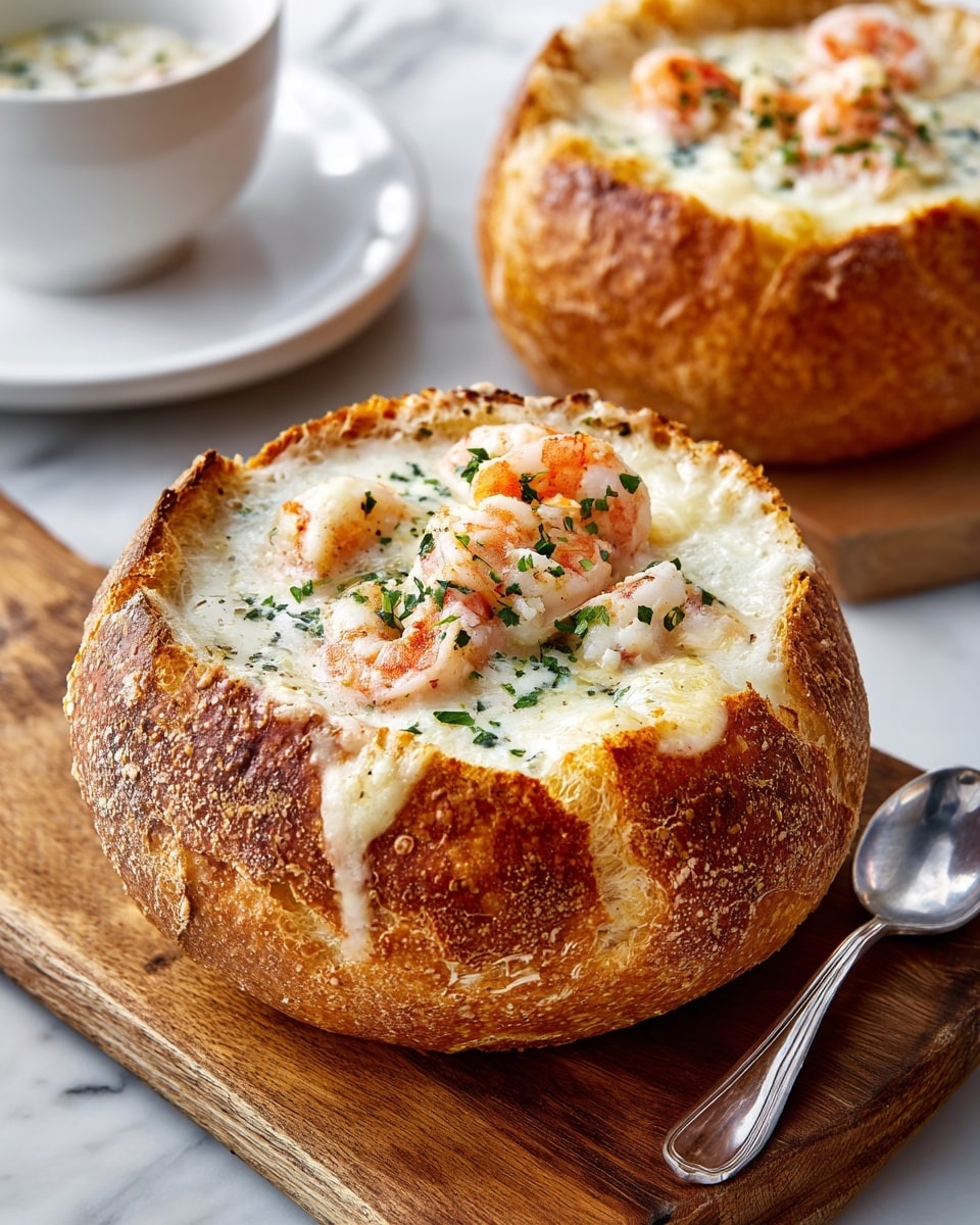 A round bread bowl with a crispy golden-brown crust is filled with creamy white chowder soup. The chowder has visible pieces of pink shrimp and is topped with melted cheese that slightly overflows the edges. Small green herb flakes are sprinkled across the top, adding color contrast. The bread bowl sits on a wooden board, with another bread bowl and a white bowl holding a spoon in the background on a white marbled surface. photo taken with an iphone --ar 4:5 --v 7