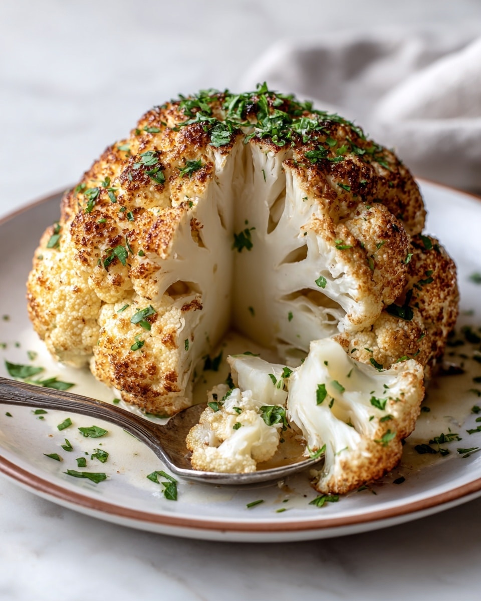 A close-up view of a whole roasted cauliflower head with a golden-brown crust on the top layer, sprinkled with finely chopped green herbs. Below the browned outer layer, the cauliflower is creamy white with soft, tender florets. The dish is served in a white plate with a thin brown rim, placed on a white marbled surface. A metal spoon holds a few pieces of cauliflower with some herbs on it, resting on the side of the plate. Photo taken with an iphone --ar 4:5 --v 7