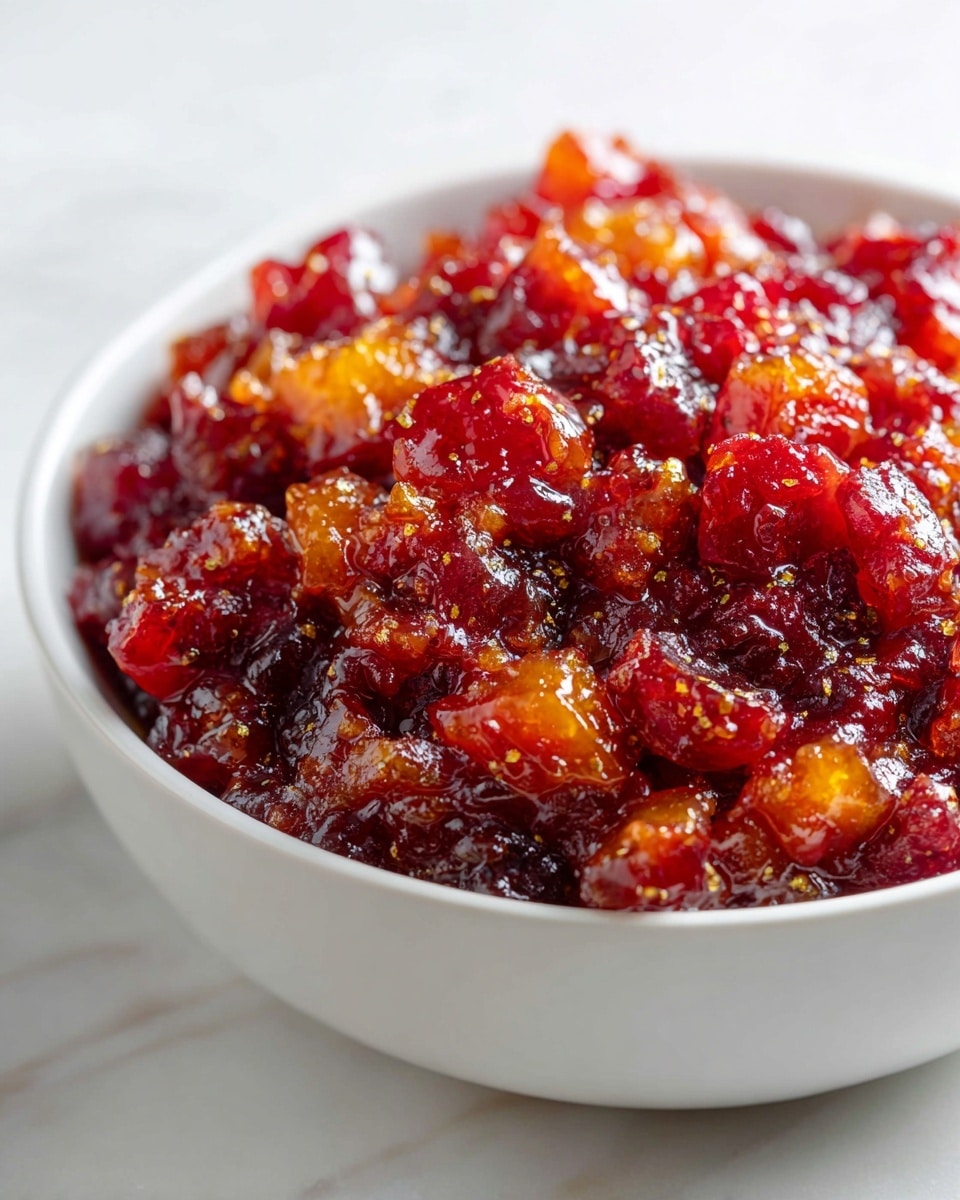 A close-up of a fluffy, chunky mixture piled in a white bowl with visible bits of red, orange, and translucent pieces creating a textured, juicy look. The mixture shows layers of finely chopped or grated fruit with a bright red base interspersed with softer, lighter colored bits, possibly fruit pulp or zest, giving it a rough and sticky texture. The bowl is set against a white marbled surface. photo taken with an iphone --ar 4:5 --v 7