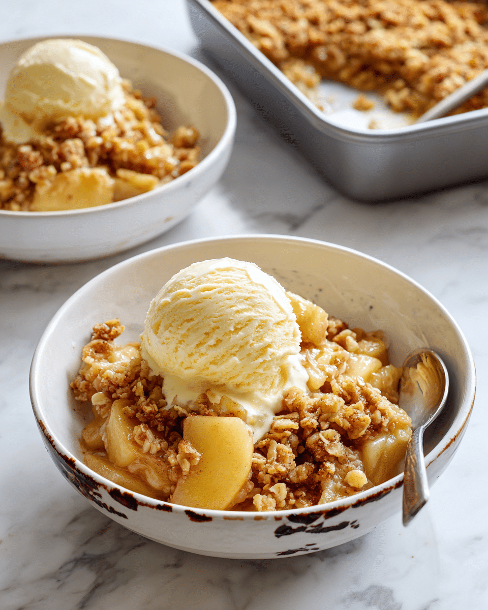 A white bowl with dark brown random splashes holds a serving of apple crisp dessert. The dish has three visible layers: at the bottom, tender, golden brown cooked apple slices with a slightly shiny, soft texture; in the middle, crumbly, light golden-brown streusel topping with uneven, chunky bits; on top, a smooth, round scoop of pale yellow vanilla ice cream. A silver spoon rests on the side of the bowl partially inside the dessert. Another similar bowl with the same dessert and a metal baking pan filled with more apple crisp sit on a white marbled surface in the background. Photo taken with an iphone --ar 4:5 --v 7