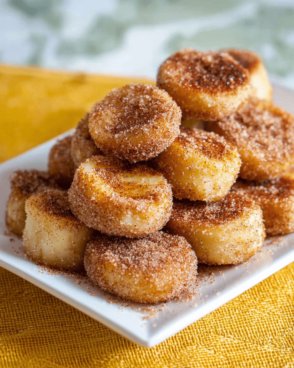 The image shows a close-up of several small, round pieces of food stacked in two uneven layers on a white rectangular dish. Each piece has a light golden color and a crispy outer texture coated with a cinnamon-sugar mix, giving them a slightly rough sprinkled look. The pieces look soft and fluffy inside with a slightly browned, crunchy surface. The dish is placed on a yellow textured cloth, and the background has a white marbled texture that is softly blurred. photo taken with an iphone --ar 4:5 --v 7