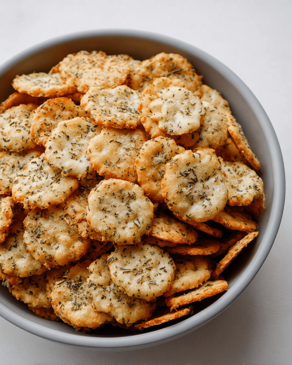 A white bowl filled with many small, round crackers that are light golden brown with a slightly rough texture. Each cracker is topped with green dried herbs, which add a speckled pattern. The crackers appear crispy and are piled high inside the bowl, which has a smooth, light grey surface. The background is a white marbled texture. photo taken with an iphone --ar 4:5 --v 7