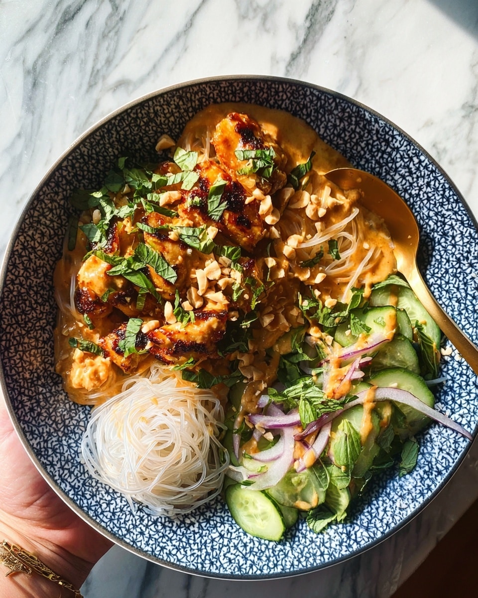 A bowl with a woven blue and white pattern holds a colorful dish with three main parts: on the left side, crispy grilled chicken pieces with a golden-brown color are topped with a creamy light orange sauce and crushed peanuts, garnished with fresh green herbs; next to it in the center, there is a small mound of white rice noodles lightly coated with the same sauce; on the right side, there is a fresh cucumber salad with thin cucumber slices, red onion pieces, and green herbs, all drizzled with the orange sauce. A gold spoon rests on the right side of the bowl, and a woman's hand holds the bowl from the bottom left corner. The background is a white marbled texture. photo taken with an iphone --ar 4:5 --v 7