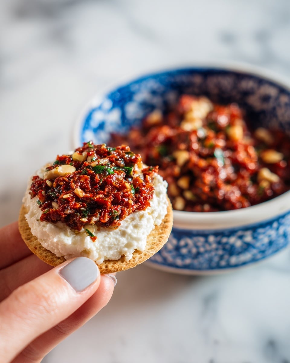 A close-up image shows a woman's hand holding a small round crisp bread topped with a thick bottom layer of white creamy cheese, and a chunky upper layer of a red mixture with visible pieces of green herbs and nuts. In the background, there is a white bowl with a blue cracked pattern filled with the same red mixture that has a coarse texture. The setting is on a white marbled surface. photo taken with an iphone --ar 4:5 --v 7