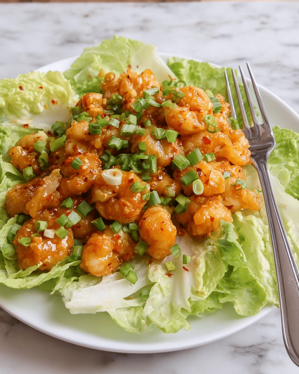 A white plate holds a bed of light green, crisp lettuce leaves with ruffled edges spread out as the base layer. On top, there is a generous layer of bite-sized crispy shrimp coated in a shiny, orange-colored creamy sauce with visible red chili flakes. The shrimp layer is garnished with finely chopped fresh green onions, adding small bright green pieces scattered over the shrimp. A silver fork rests on the right side of the plate. The plate sits on a white marbled surface. photo taken with an iphone --ar 4:5 --v 7