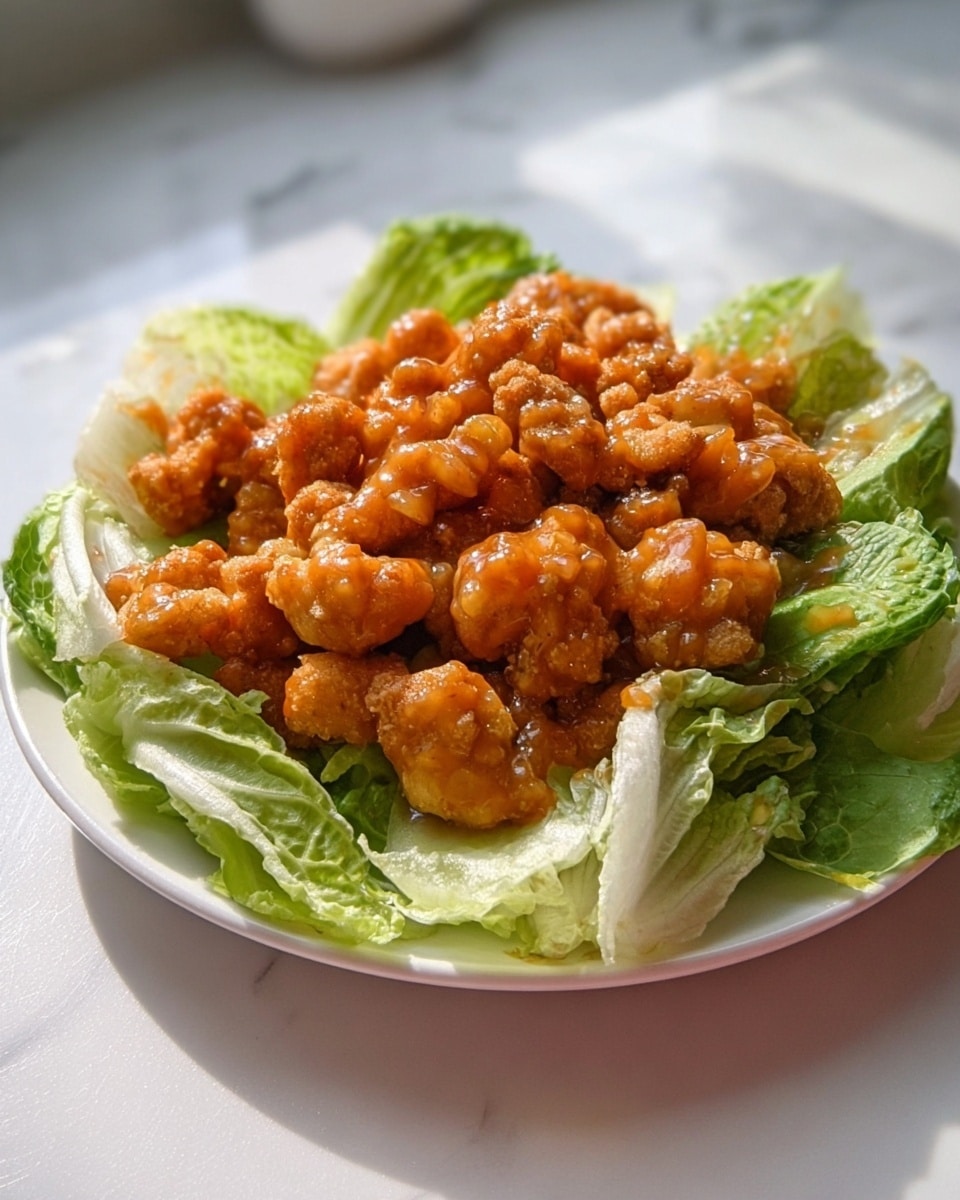 The image shows a white plate with a bed of light green, crisp lettuce leaves spread out as the bottom layer. On top, there is a generous heap of golden-brown fried popcorn chicken pieces covered in a thick, shiny light orange sauce. The lettuce leaves are slightly wrinkled and fresh, while the chicken pieces have a crispy texture under the smooth sauce. The plate sits on a white marbled surface in soft natural light. photo taken with an iphone --ar 4:5 --v 7