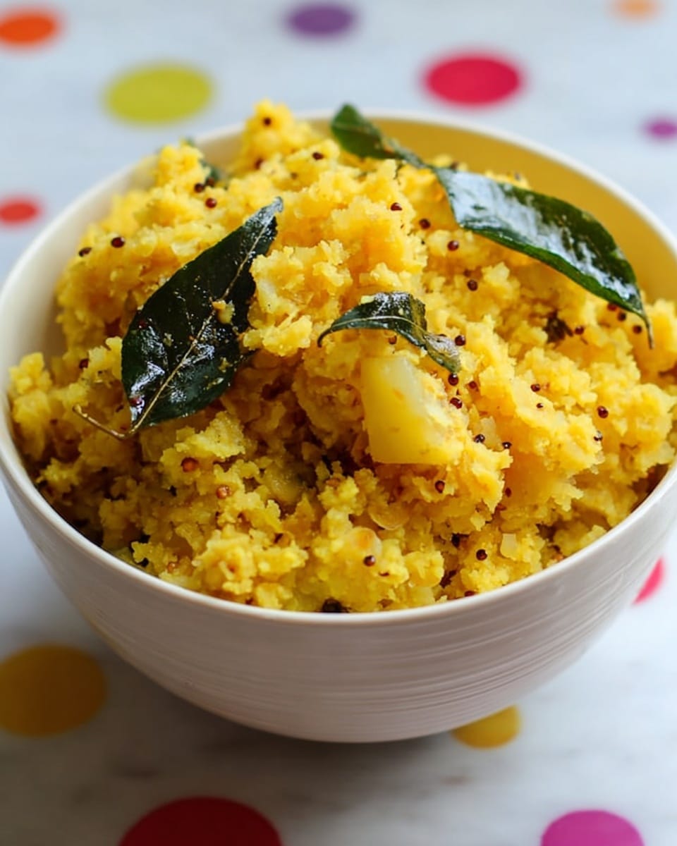 A metal bowl filled with finely shredded yellow cabbage mixed with small black mustard seeds and small red chili flakes, topped with several fresh green curry leaves, giving a textured and colorful look. The bowl sits on a white cloth decorated with scattered blue, green, red, and pink polka dots, and beside it, a white marbled surface with a steel container partially visible with a brownish-orange liquid inside. Photo taken with an iphone --ar 4:5 --v 7