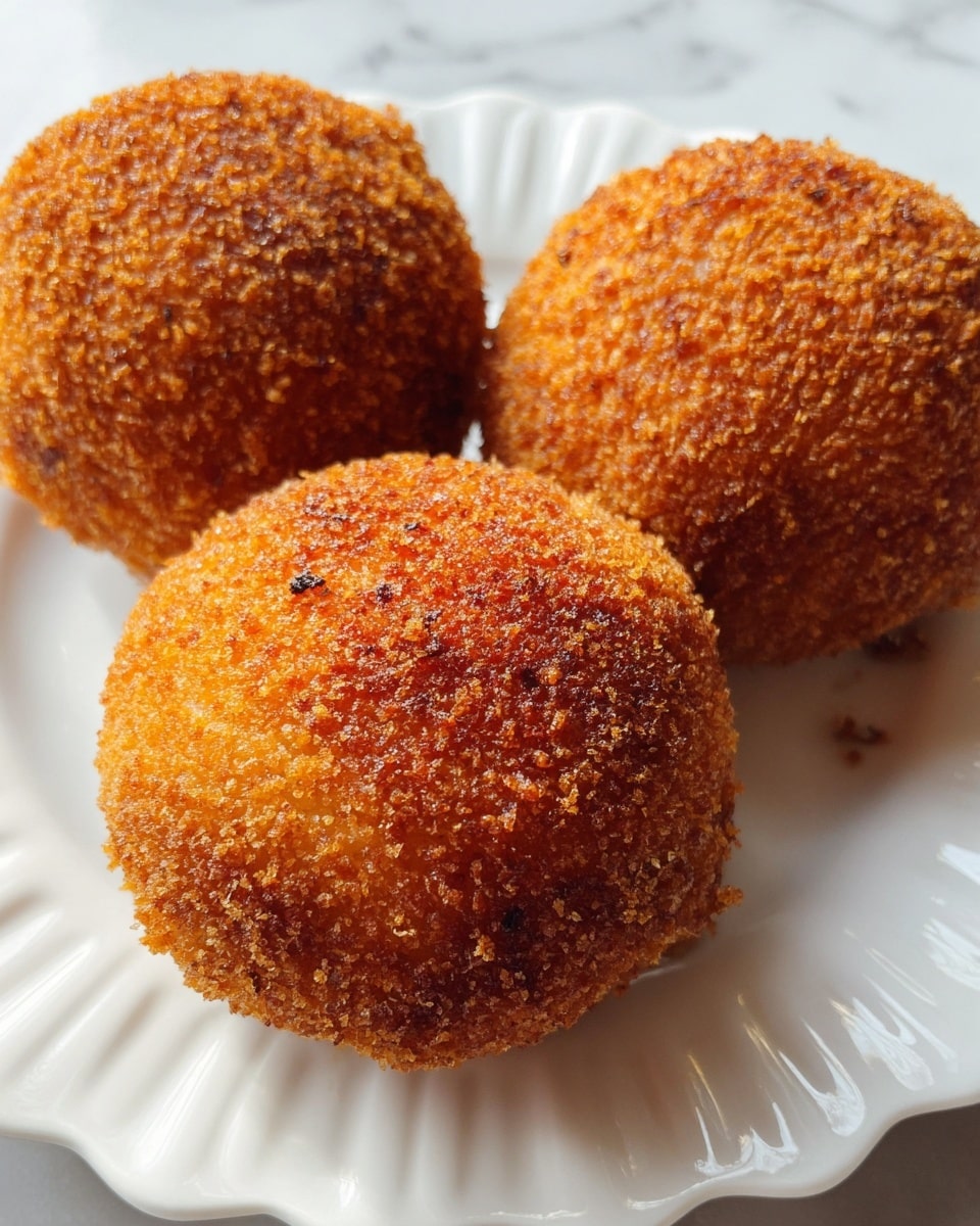 Three round, golden brown deep-fried croquettes with a coarse, crispy texture cover the entire surface, placed close together on a white plate with a scalloped edge. The croquettes show a rich, crunchy coating with shades of dark orange and light brown, creating a textured, crunchy look. The white plate rests on a white marbled surface, visible softly blurred around the edges. photo taken with an iphone --ar 4:5 --v 7