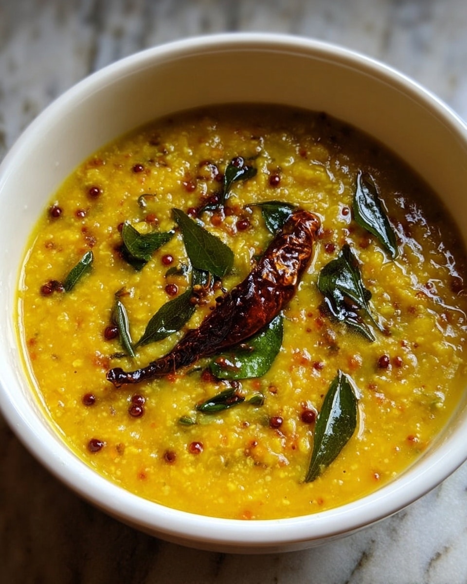 This image shows a close-up of a thick yellow lentil soup served in a white bowl. The soup has a smooth texture with small bits of lentils, and it is topped with dry red chili peppers, black mustard seeds, and fresh green curry leaves, which add depth and color contrast. The yellow lentil base is warm and creamy, with visible specks of spices and herbs floating on the surface. The bowl is placed on a white marbled texture background. photo taken with an iphone --ar 4:5 --v 7