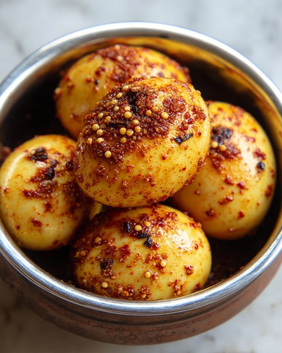 The image shows a small round metal bowl filled with five boiled eggs covered in a thick orange-yellow sauce with mustard seeds and spices visible on the surface. The eggs are closely packed inside the bowl, and the sauce has a slightly glossy texture with a few mustard seeds scattered unevenly on top. The background is a white marbled texture. photo taken with an iphone --ar 4:5 --v 7