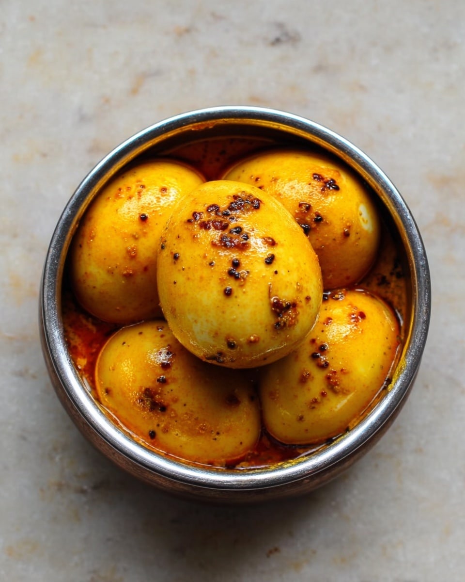 A close-up image of a metal bowl filled with boiled eggs coated in a thick layer of spicy mustard seeds and red chili powder. The eggs have a smooth, slightly shiny yellow surface with reddish-orange seasoning all over. The mustard seeds and other spices add texture, creating a rough, grainy look mainly on the top egg placed centrally over five other eggs. The metal bowl reflects some light, and the background is white marbled texture. photo taken with an iphone --ar 4:5 --v 7