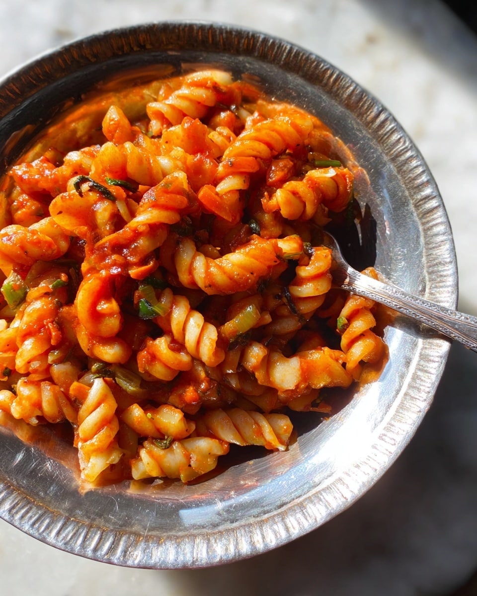 A close-up image of a dish in a deep white bowl with a silver rim, filled with short, spiral-shaped pasta coated in a reddish-orange sauce. The sauce has a slightly oily texture and is mixed with small pieces of chopped green herbs scattered throughout. The pasta looks soft and slightly glossy, with some tiny bits of vegetables or mushrooms mixed in. A silver spoon is resting on the edge of the bowl, and the background surface is a white marbled texture with soft natural light shining from the left side. photo taken with an iphone --ar 4:5 --v 7