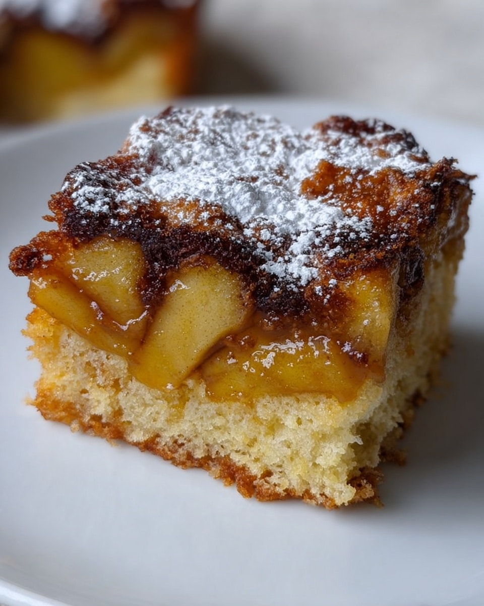 A close-up of a single square piece of cake on a white plate, showing three distinct layers: a bottom layer of light brown, soft, and slightly crumbly cake; a middle layer of baked apple slices in a shiny, golden glaze; and a top layer of dark brown, caramelized crust dusted with powdered sugar, giving a slightly uneven and crispy look. The white marbled texture surface is soft-focused in the background. Photo taken with an iphone --ar 4:5 --v 7