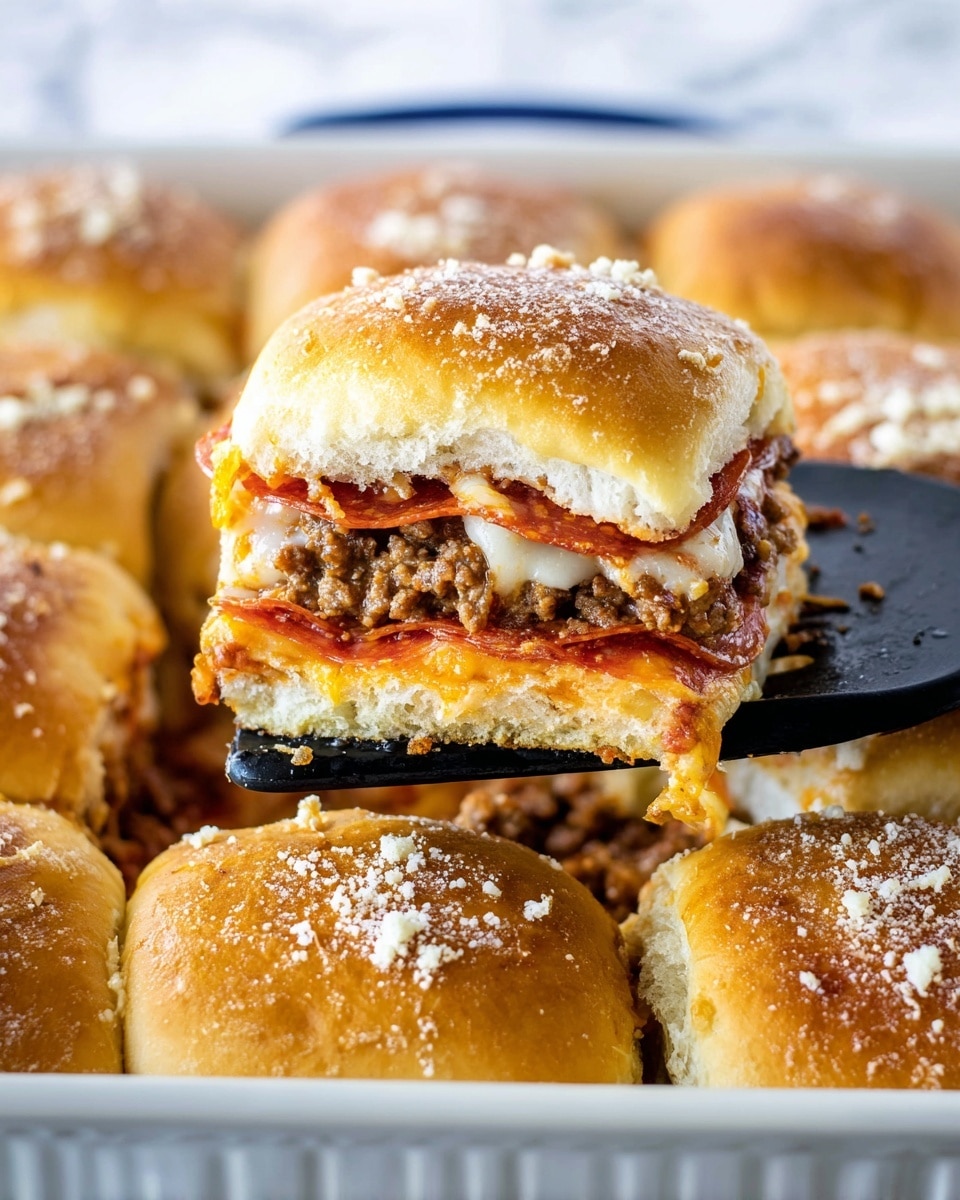 A close-up view of a baked slider sandwich showing its layers clearly: a top golden-brown soft bun sprinkled with white cheese powder sits above a layer of mixed browned ground meat, followed by a layer of shiny red pepperoni, and a bottom soft bun with melted cheese peeking out. The sandwich is lifted on a black spatula above a white baking dish filled with more similar sliders, each topped with golden buns dusted with cheese powder, all set on a white marbled textured surface. photo taken with an iphone --ar 4:5 --v 7
