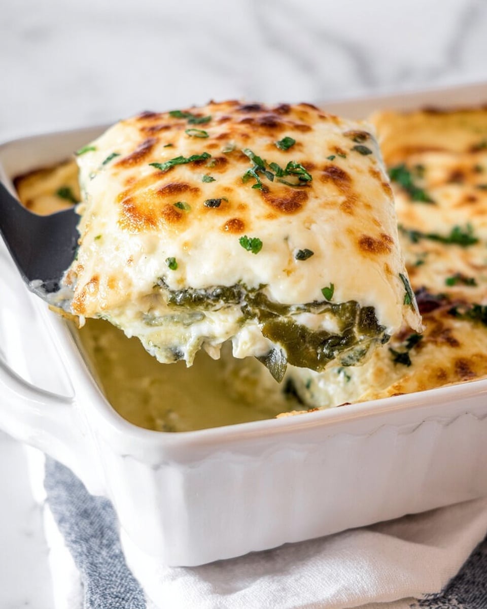 This image shows a white baking dish holding a layered casserole being served with a black spatula. The casserole has three visible layers: a creamy white cheese layer on top with a bubbly, slightly browned texture and small green herbs sprinkled over it; in the middle, a layer of green vegetables that look soft and cooked; and a bottom layer that is creamy and white, similar to ricotta or a cheese mixture. The background is a white marbled surface with a dish towel nearby. Photo taken with an iphone --ar 4:5 --v 7