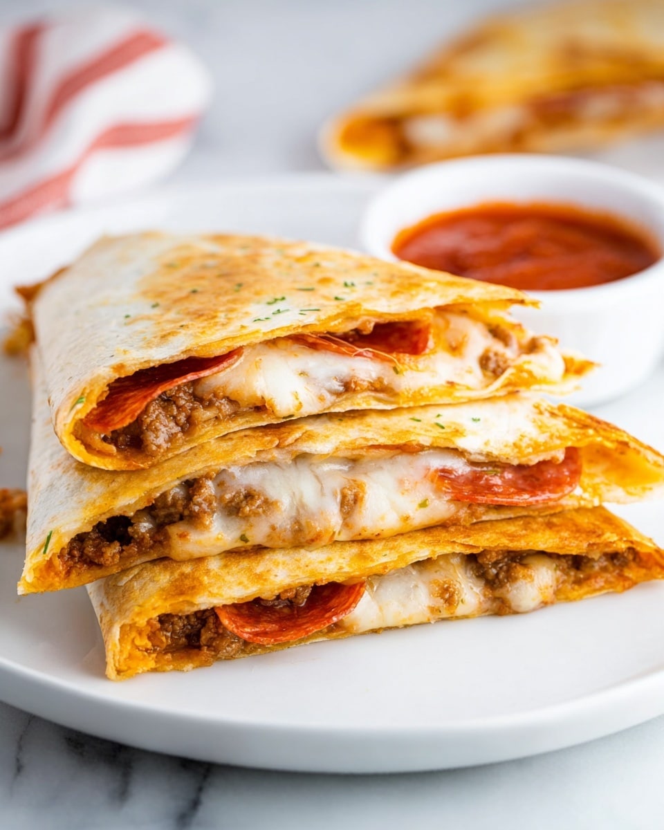The image shows three triangular slices of quesadilla stacked slightly on a white plate with a smooth white marbled background. Each quesadilla slice has a golden-brown crispy outer tortilla layer, with visible melted white and orange cheese layers inside, mixed with brown cooked meat and thin reddish slices of pepperoni. A small white bowl with red sauce sits nearby on the plate. Part of a woman’s hand holding a quesadilla slice is visible in the background. Photo taken with an iphone --ar 4:5 --v 7