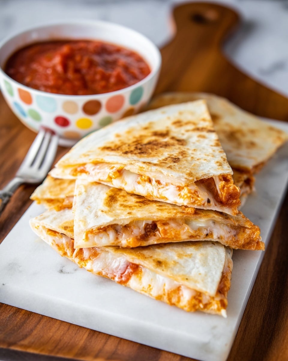 The image shows four triangular slices of quesadilla stacked on a white marbled surface, placed on a wooden tray. Each slice has two toasted pale golden layers of tortilla with a melted cheese layer in the middle that is creamy white and slightly stringy. The cheese is mixed with an orange-colored filling that looks like seasoned meat and small bits of vegetables. On the left side of the tray, there is a white bowl with large colorful dots, filled with thick red salsa. A silver fork is partially visible behind the bowl on the tray. The overall look is warm and inviting with the quesadilla slices slightly overlapping each other. Photo taken with an iphone --ar 4:5 --v 7
