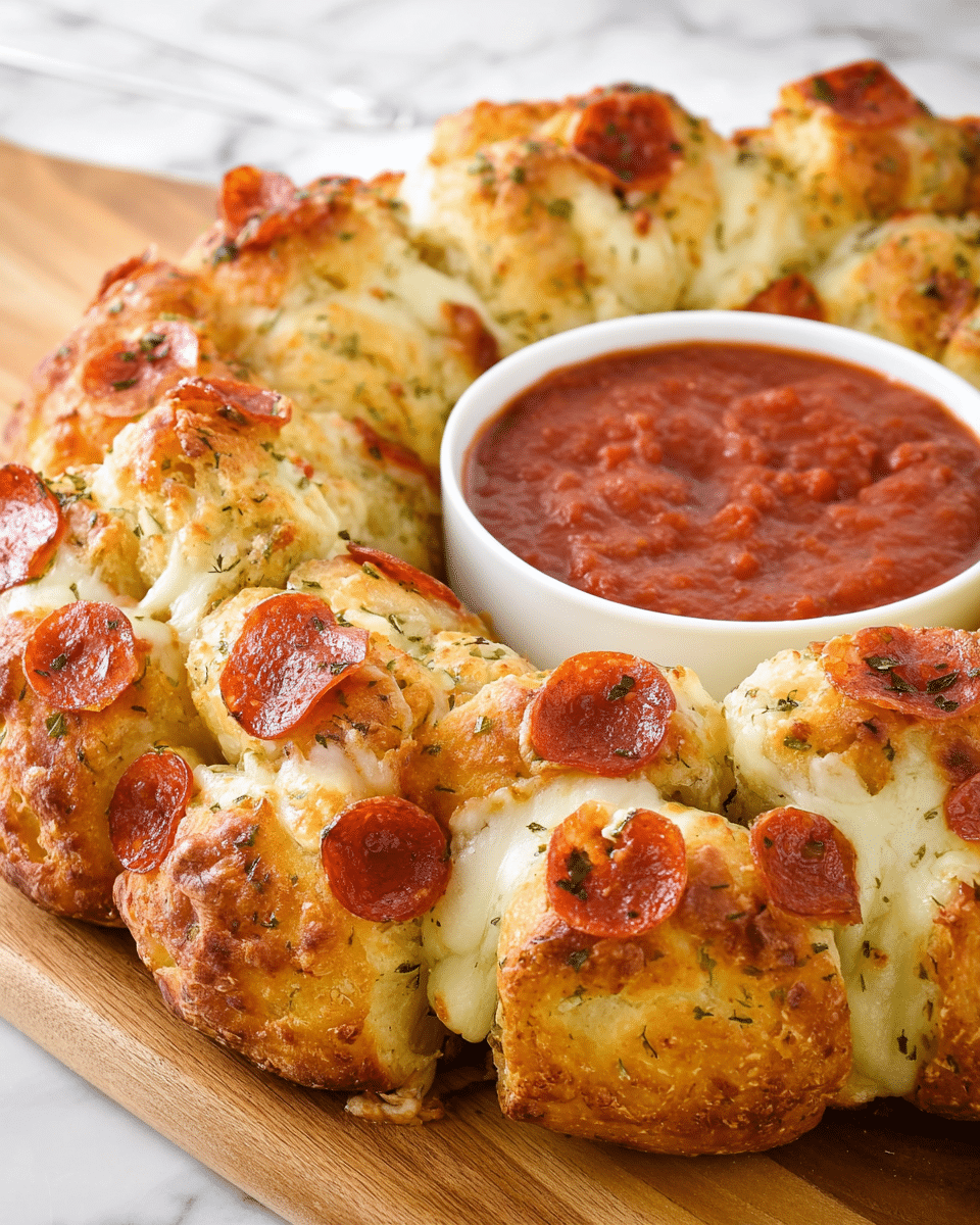 A round pull-apart bread ring is shown, made of small golden-brown dough pieces layered with melted white and yellow cheeses, with tiny red pepperoni slices scattered on top of each dough piece. In the center, there is a white bowl filled with thick, chunky deep red marinara sauce. The bread has a soft and fluffy texture with herbs sprinkled over it, and the whole arrangement sits on a wooden board against a white marbled background. Photo taken with an iphone --ar 4:5 --v 7