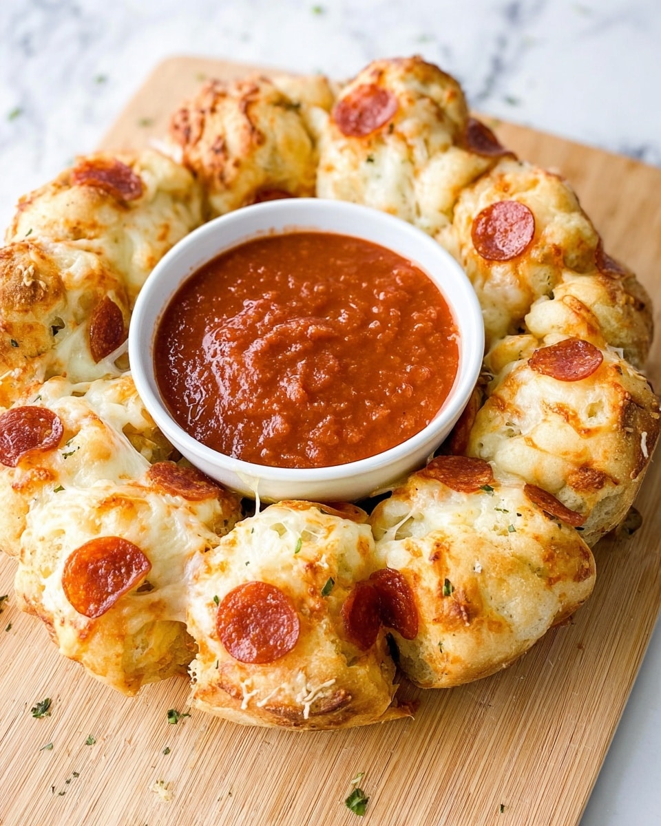 A round ring of golden-baked bread bites topped with small, round pepperoni pieces surrounds a white bowl filled with thick, red marinara sauce, placed in the center on a light wooden board, all set against a white marbled texture. The bread bits are slightly puffed with melted cheese oozing between them, showing a mix of creamy white and golden brown on top, with some specks of green herbs sprinkled around. Photo taken with an iphone --ar 4:5 --v 7