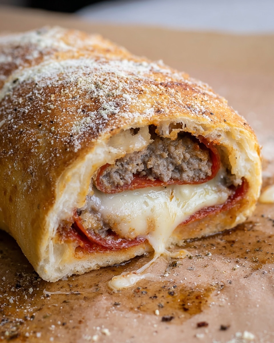 A close-up image of a stuffed bread roll cut open to show its layers. The top layer is golden brown bread sprinkled with light white powder, likely cheese or flour, with an uneven but crusty texture. Inside, there are three main layers visible: a layer of cooked ground meat with a slightly crumbly texture in grayish-brown color, a layer of melted white cheese stretching slightly, and a layer of red sliced pepperoni beneath the cheese. The stuffed bread sits on a light brown surface with dark greasy spots around it, with the focus on the cross-section showing the fillings inside. Photo taken with an iphone --ar 4:5 --v 7