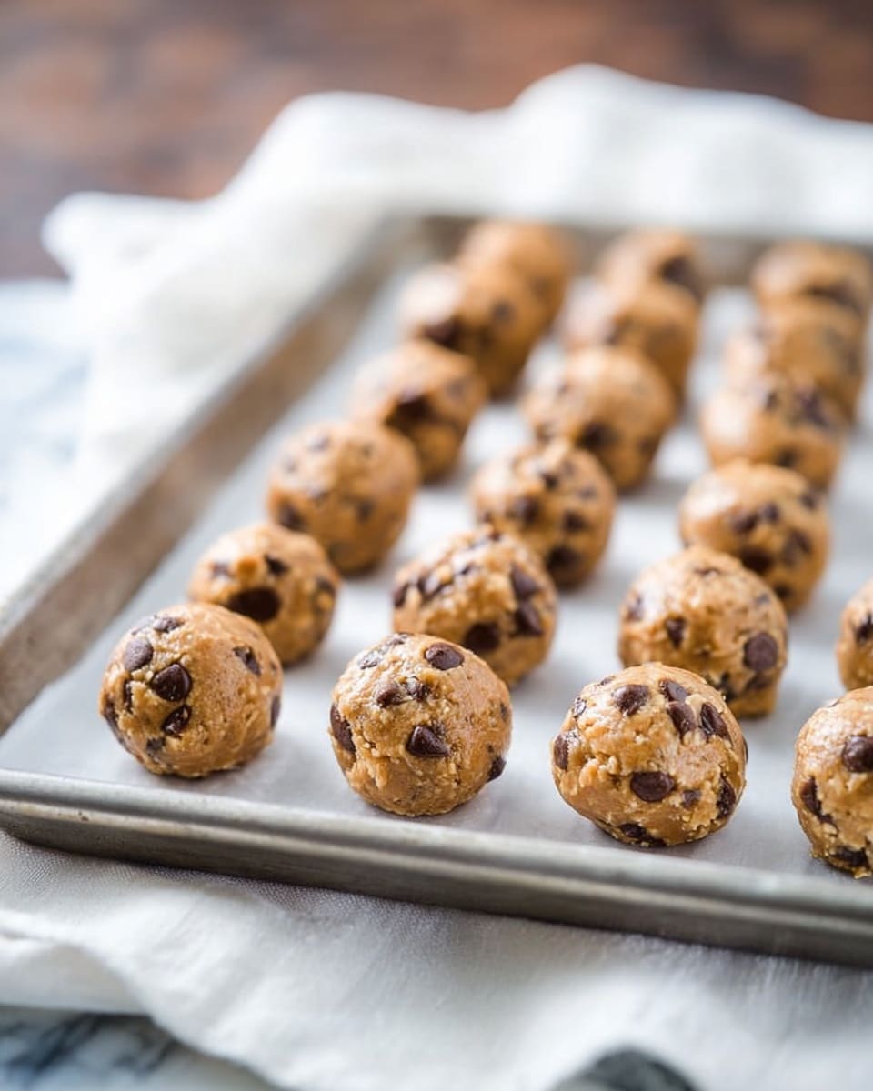 The image shows a silver baking tray filled with round cookie dough balls arranged in rows, each ball light brown in color with visible dark chocolate chips scattered throughout. The dough has a slightly glossy texture that suggests chewiness. The baking tray rests on a white cloth, and the background has a white marbled texture. The focus is sharp on the nearest dough balls, while the ones farther away are softly blurred. photo taken with an iphone --ar 4:5 --v 7