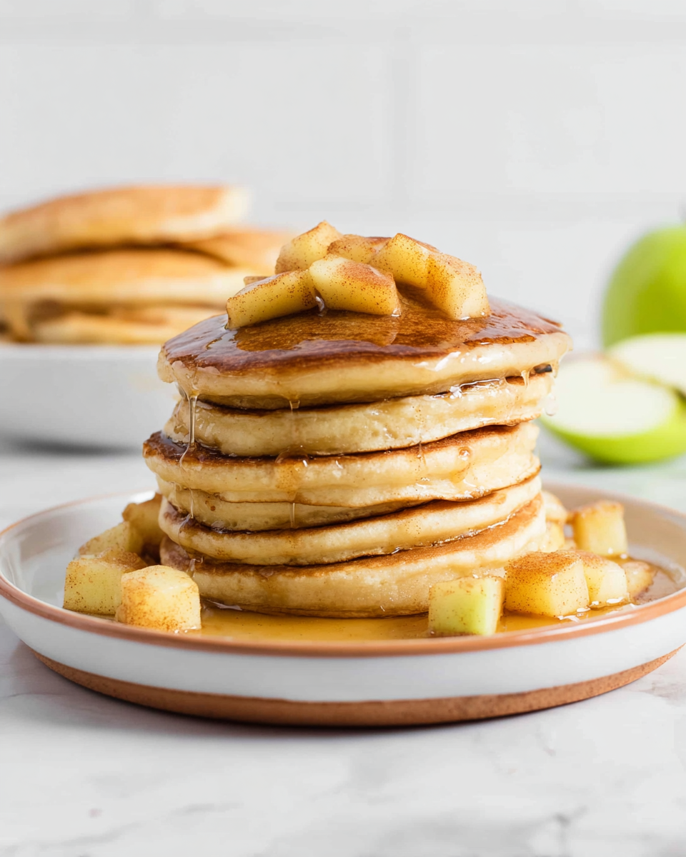 A stack of five golden brown pancakes is centered on a white plate with a thin brown rim, placed on a white marbled surface. The pancakes show slight uneven cooking marks with smooth edges and fluffy texture. On top, small chunks of cooked apple with a light cinnamon dusting are piled, dripping with amber syrup that flows down the sides of the stack. Additional apple pieces rest near the base of the pancakes on the plate. In the blurred background, more stacked pancakes and a white bowl filled with apple chunks are visible, along with a sliced green apple on the right side. The photo taken with an iphone --ar 4:5 --v 7