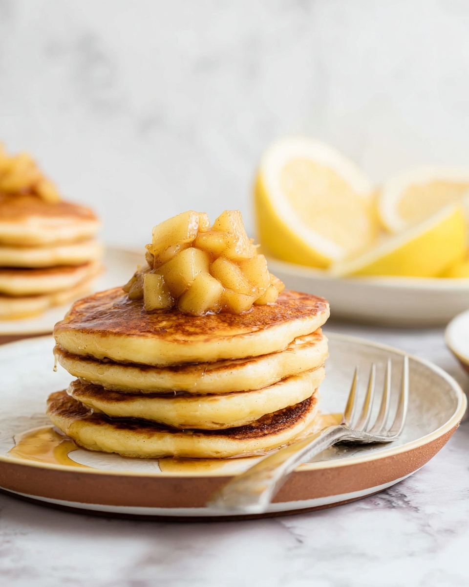 A stack of four golden brown pancakes with slightly crispy edges sits on a white plate with a brown rim, topped with a small pile of soft, chunky apple pieces coated in cinnamon and syrup. The pancakes are thick and fluffy with a smooth texture, layered neatly one on top of another. In the background, there is another stack of pancakes and lemon slices placed on a white marbled surface. A silver fork lies on the plate next to the pancakes. The overall setting is bright with soft natural light. photo taken with an iphone --ar 4:5 --v 7