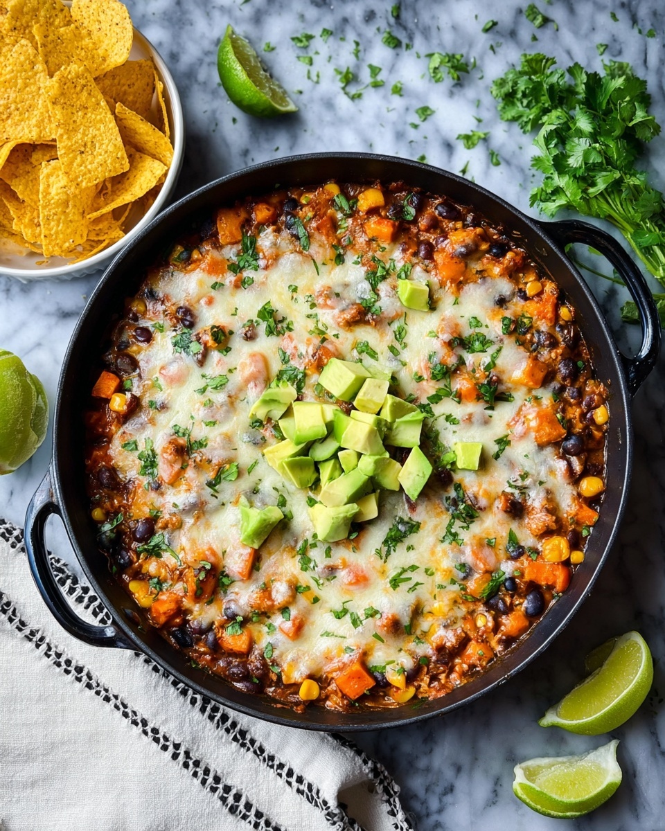 A round black skillet filled with a layered dish starting with a base of mixed black beans, corn, and diced orange vegetables like sweet potatoes, topped with a melted layer of white cheese that covers the entire surface. Scattered on top are chunks of green avocado and finely chopped fresh green herbs, adding a pop of color. The skillet sits on a white marbled texture with some loose herbs and lime wedges around it. To the left, there is a small white bowl filled with yellow corn tortilla chips. A white cloth with black stitching lies near the skillet. Photo taken with an iphone --ar 4:5 --v 7