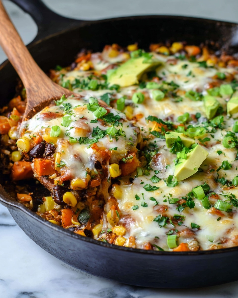 The image shows a black cast-iron skillet filled with a colorful layered dish. The bottom layer has bright yellow corn and black beans mixed with orange chunks, likely sweet potatoes. Above this is a layer of melted white cheese, slightly browned in spots. Chopped green herbs and green onion slices are sprinkled generously over the top, adding freshness and color. There are also chunks of avocado scattered over the dish. A wooden spoon scoops a portion, showing all the layers blending together in a rich, hearty mix. The skillet sits on a white marbled surface. photo taken with an iphone --ar 4:5 --v 7