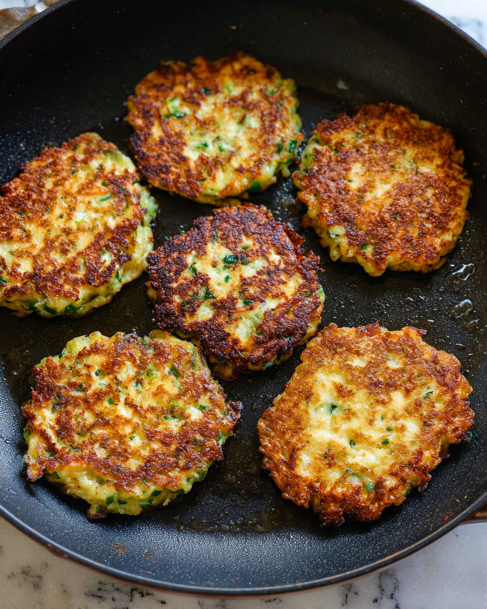 A stack of six golden brown zucchini fritters sits in a small black cast iron pan, each fritter showing a mix of crispy browned edges and visible green zucchini pieces with soft, light yellow batter. On top of the stack, there is a dollop of white creamy sour cream adorned with small bright green chopped scallions, which also spill a little onto the pan. The texture of the fritters is slightly uneven with ridges and crevices, showing the zucchini strands. The scene is set on a white marbled surface. photo taken with an iphone --ar 4:5 --v 7