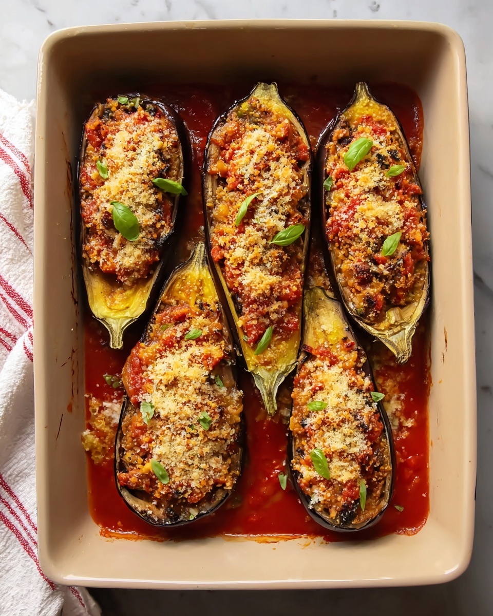 The image shows four stuffed eggplant halves arranged in a light beige baking dish filled with a red tomato sauce base. Each eggplant is cut lengthwise, revealing a yellowish inside layer, topped with a chunky mixture of finely chopped orange, red, and brown ingredients that appear to be vegetables and meat, sprinkled with a golden brown crumbly topping. Small green herb leaves are scattered over the stuffing for a fresh look. The edges of the eggplants are dark purple and slightly charred. The dish rests on a white marbled surface. photo taken with an iphone --ar 4:5 --v 7