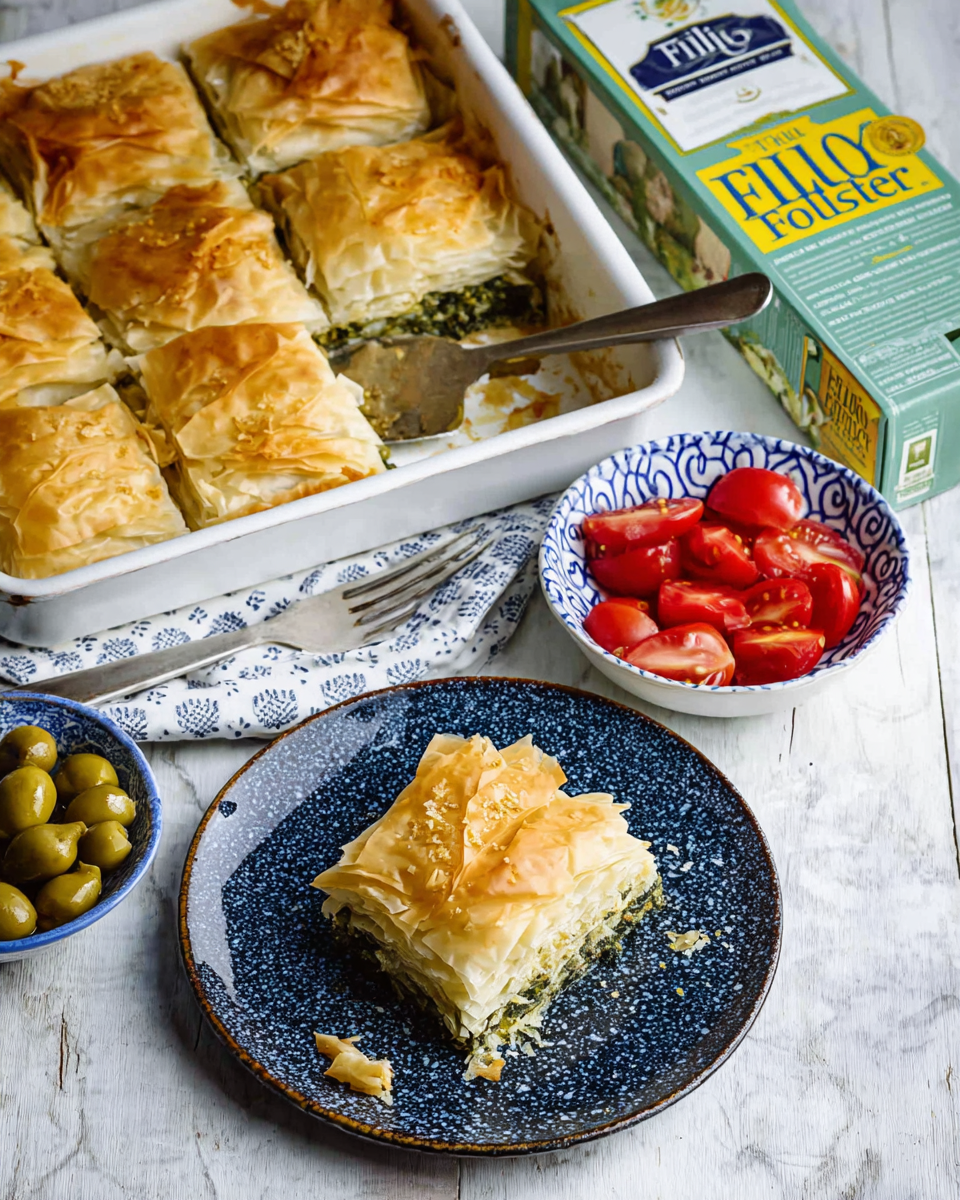 A white rectangular baking dish holds pieces of spinach pie cut into squares. The top layer is made of many thin, flaky, golden-brown phyllo pastry sheets stacked and slightly crispy. Underneath, there is a green layer of spinach mixed with herbs, visible in the exposed sections. The layers are distinct with a crunchy pale golden top and a moist, green filling below, resting on a white marbled surface. Photo taken with an iphone --ar 4:5 --v 7